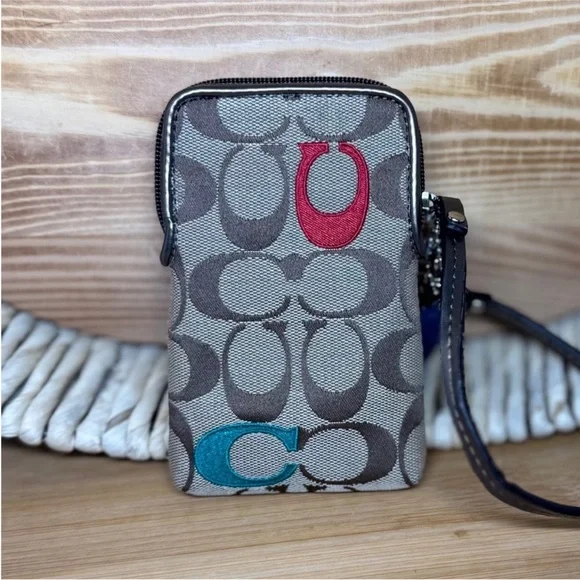 Coach Brown Signature Canvas Phone Case Mini Wristlet with Pink Red Blue Green C - Picture 2 of 15